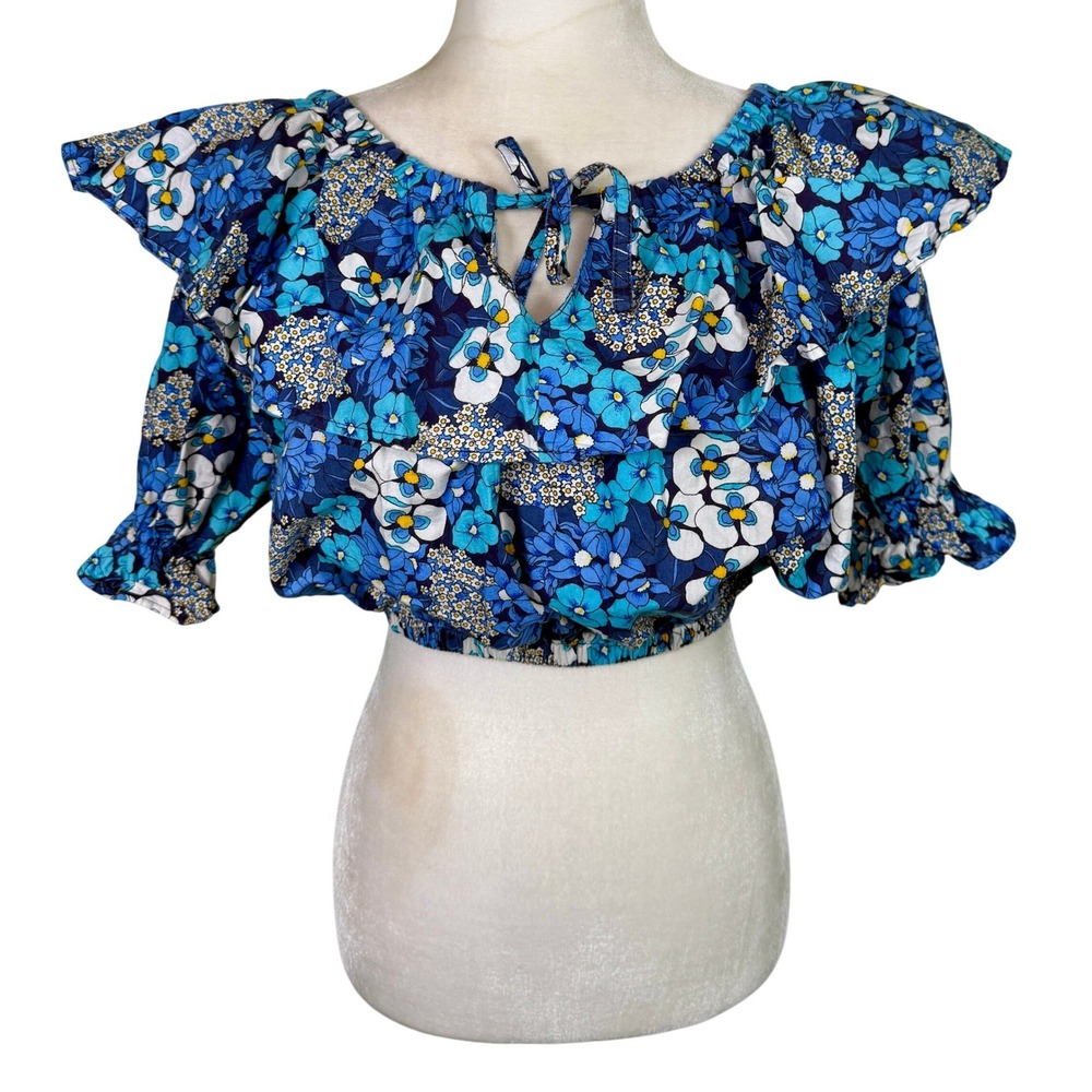 Vintage Bonjour Floral Crop Top Blue White Ruffle 100% Cotton Size Large